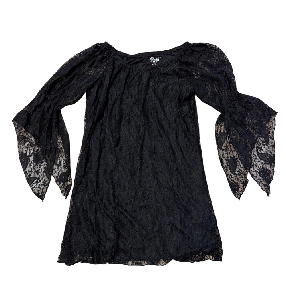 Festival Whimsigoth Witchy Lace Bell Sleeve Dress Black Paisley Boho Romantic‎